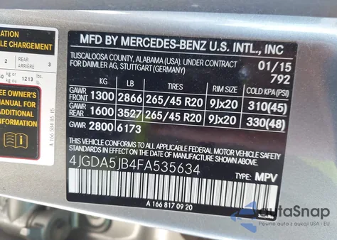 2015 Mercedes-Benz Ml 350 из США, поврежденный, VIN 4JGDA5JB4FA535634